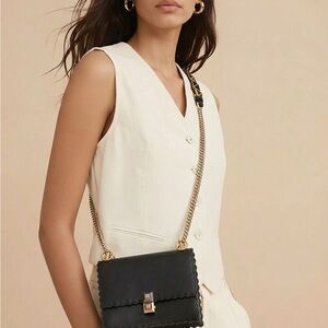 Fendi Black Leather Scalloped Crossbody Bag with Gold Chain